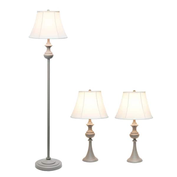 Elegant Designs Traditionally Crafted Gray Lamp Set 2 Table Lamps 1 Floor Lamp With White Shades 3 Pack Lc1019 Gry The Home Depot
