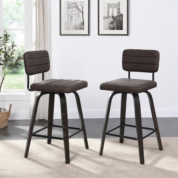 Hausfame 35.8 in. Height Upholstery Low Back Bentwood Frame Swivel Counter Height Bar Stool with Faux Leather Seat (Set of 2)