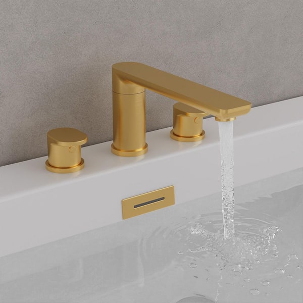 Double Handle Deck Mount Roman Tub Faucet with 360° Swivel Spout in Brushed Gold
