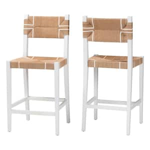 Talli 29.2 in. White Wood Bar Stool with Woven Seat (Set of 2)