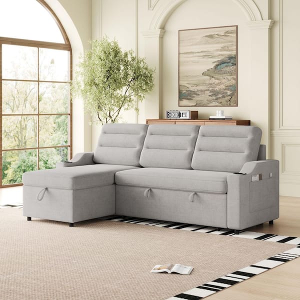 Light Grey 83.5" Convertible Polyester Sleeper Full Size Sofa Bed with Pullout Bed, Storage Recliner & Cup Holders