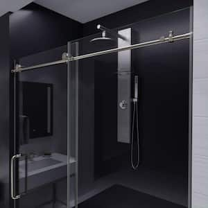 Leon Series 60 in. x 76 in. H Sliding Frameless Shower Door in Brushed Nickel  with Tsunami Guard Tempered Glass