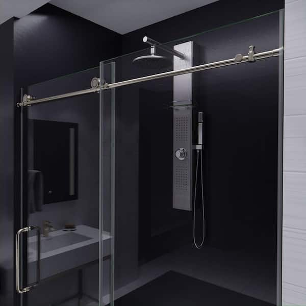 Leon Series 60 in. x 76 in. H Sliding Frameless Shower Door in Brushed Nickel  with Tsunami Guard Tempered Glass