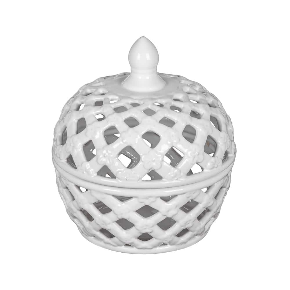 White Ceramic DecorativeLidded Jar with Lattice Design (Set of 1)
