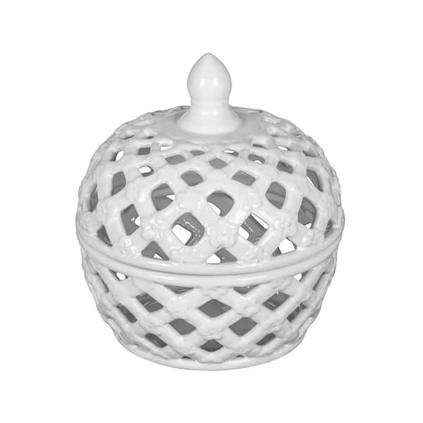 Unbranded White Ceramic DecorativeLidded Jar with Lattice Design (Set of 1)