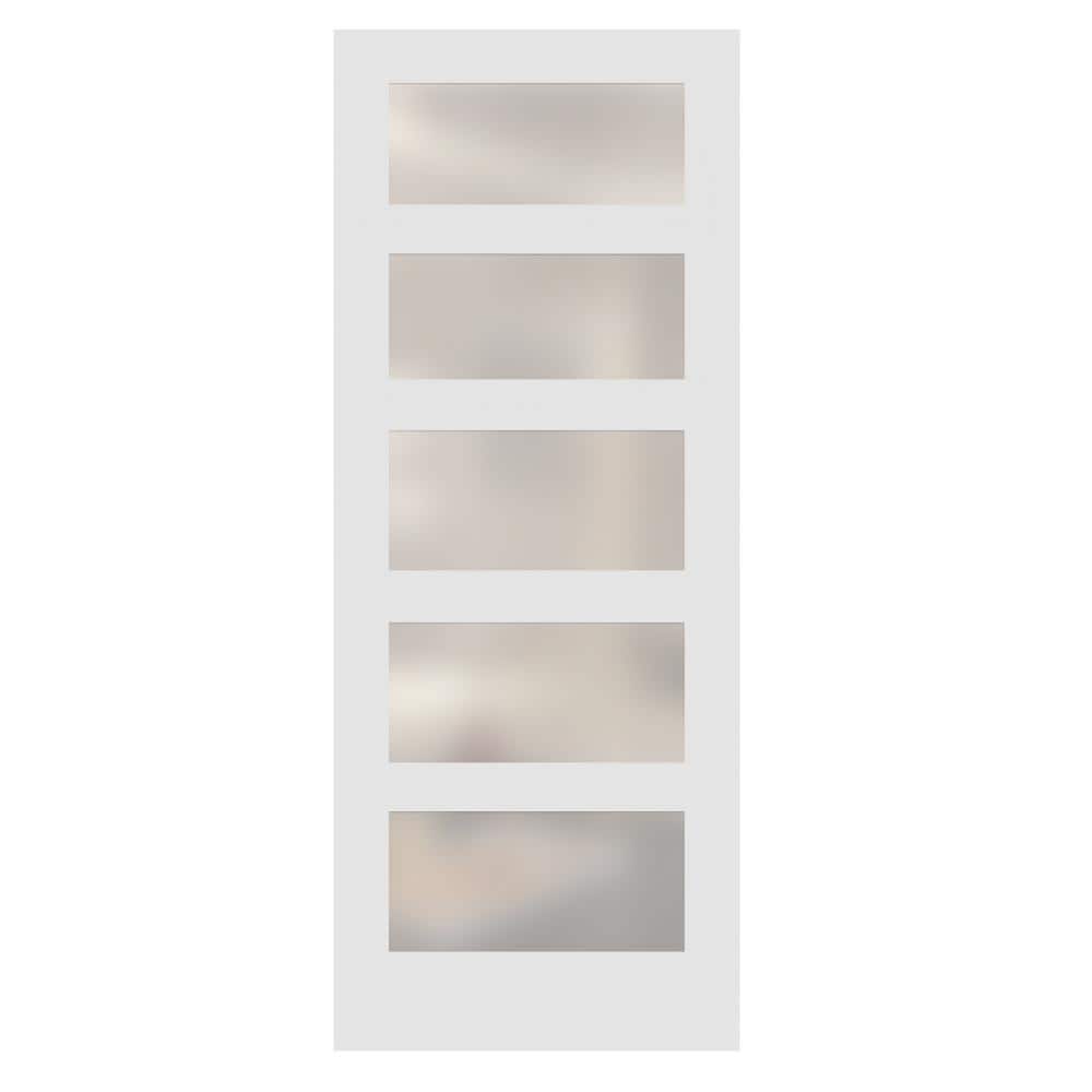 32 in. x 80 in. Right-Handed 5-Lite Satin Glass Primed Wood MDF Prehung Interior Door