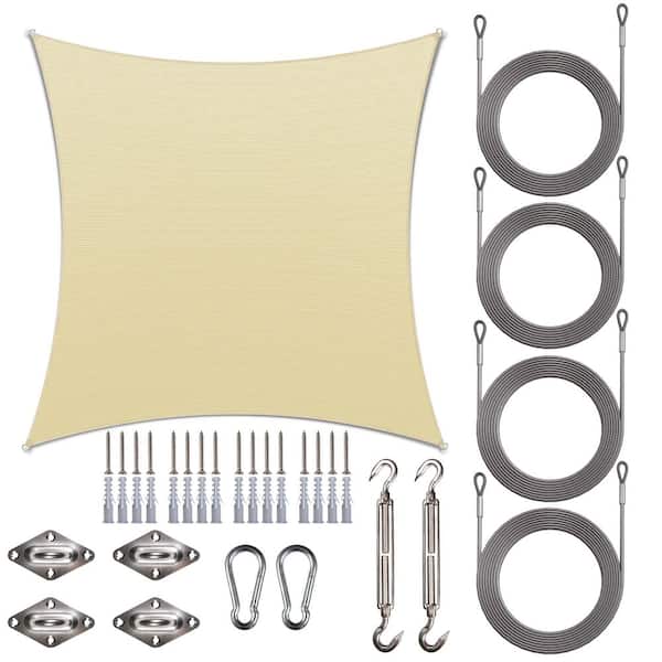 16 ft. x 16 ft. Sq. Sunshade Sail with Hardware Kit and Rope-Beige