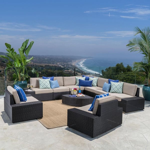 Noble House Dark Brown 10-Piece Wicker Outdoor Sectional and Table Set with Beige Cushions