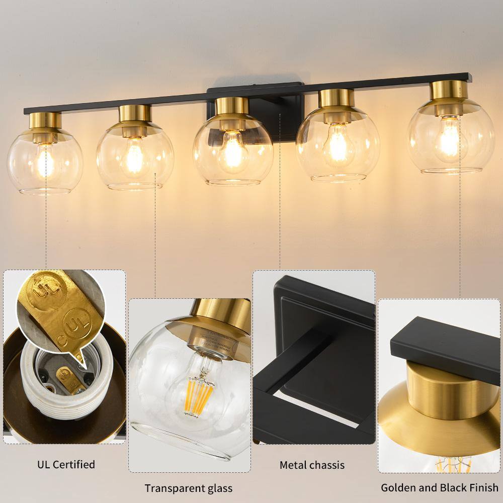 37.43 in. Black and Gold 5-Light Vanity Light with Glass Shades
