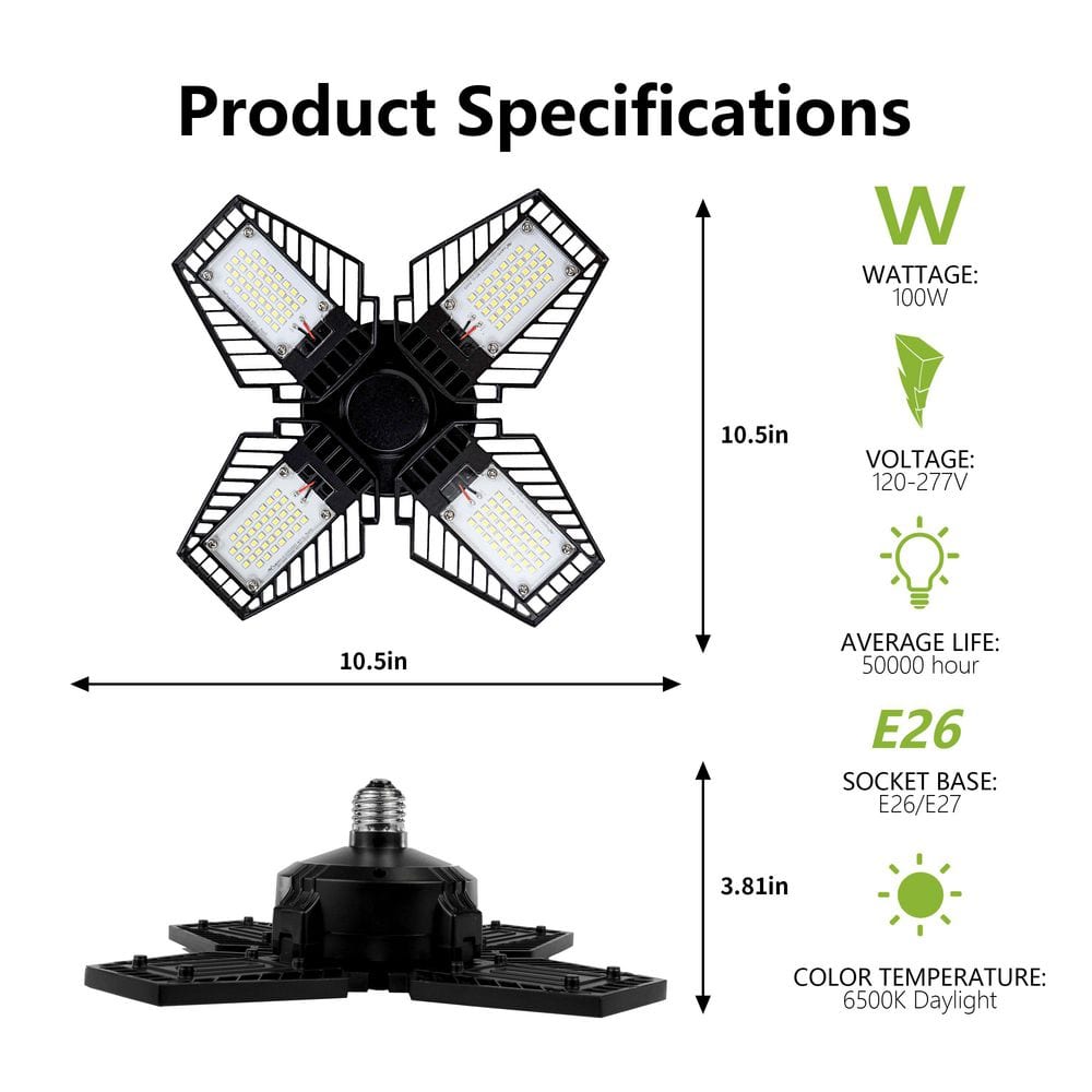 Black Aluminum 4-Panel Adjustable LED Garage Light
