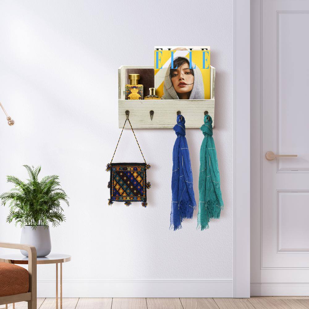 Gray Light Wood Floating Wall Shelf with Hooks