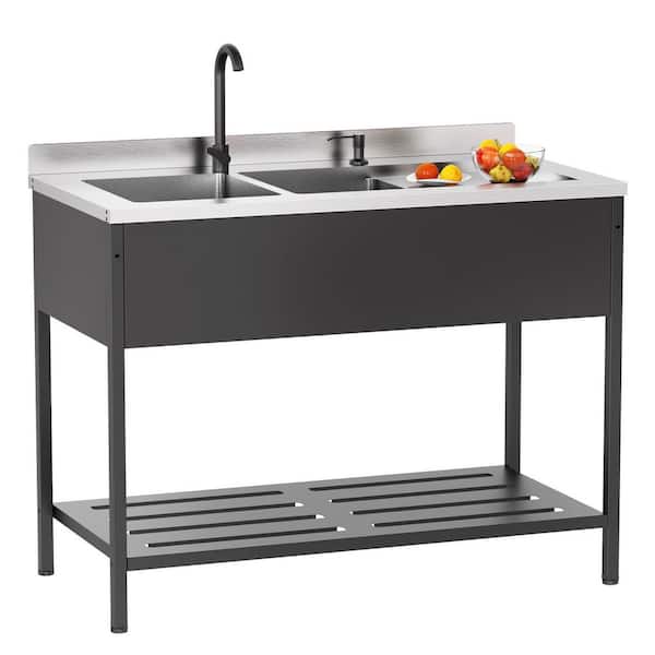 47.5 in. Heavy-Duty Freestanding Stainless Steel Double Bowl Utility Sink Laundry/Utility Sink in Black with Faucet