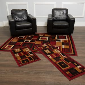 Ariana Red/Brown 5 ft. x 7 ft. Geometric 3-Piece Area Rug Set