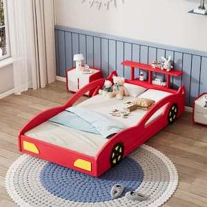 Red Race Car-Shaped Kids Bed, Platform Bed with Yellow Wheels and Storage Shelves