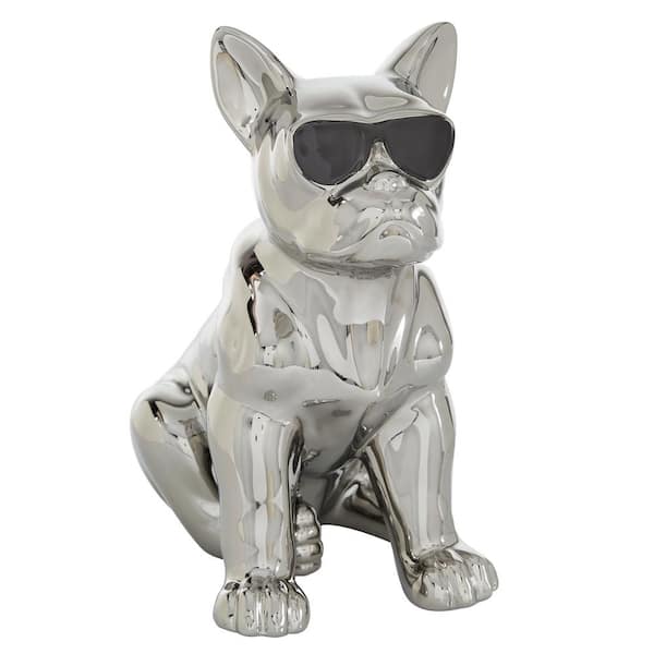 CosmoLiving by Cosmopolitan 10 in. x 12 in. Silver Ceramic Bulldog Sculpture with Sunglasses