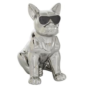 Silver Ceramic Bulldog Sculpture with Sunglasses