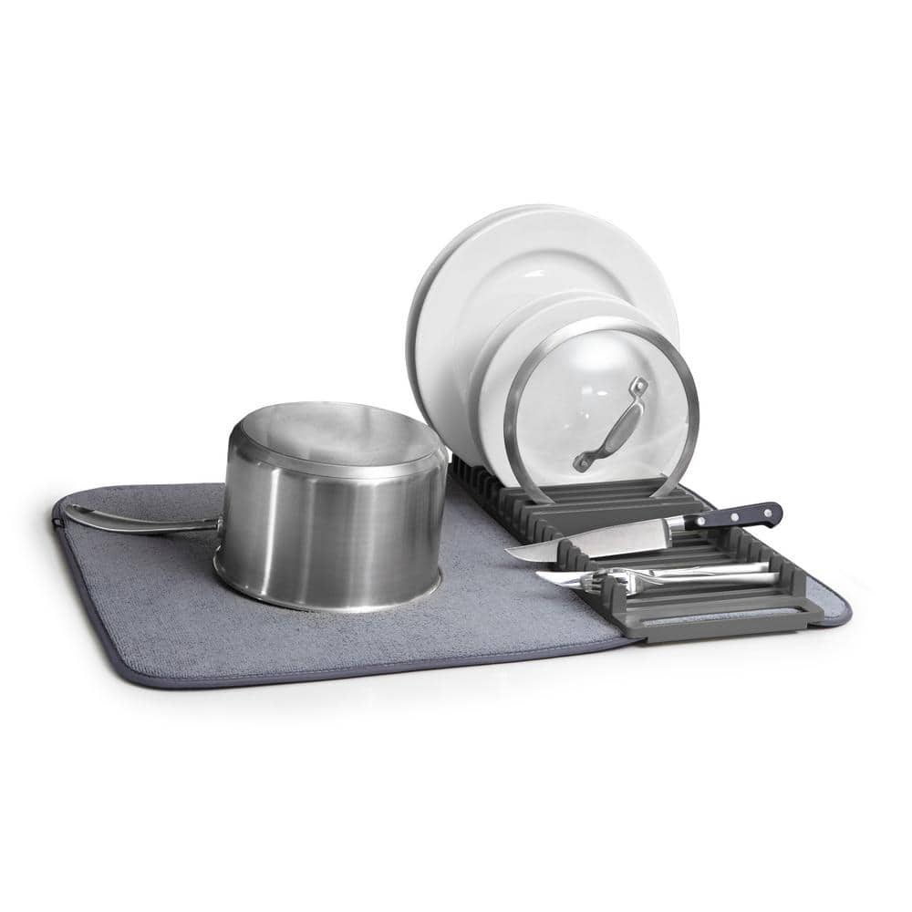Charcoal Foldable Plastic Dish Drying Rack with Mat