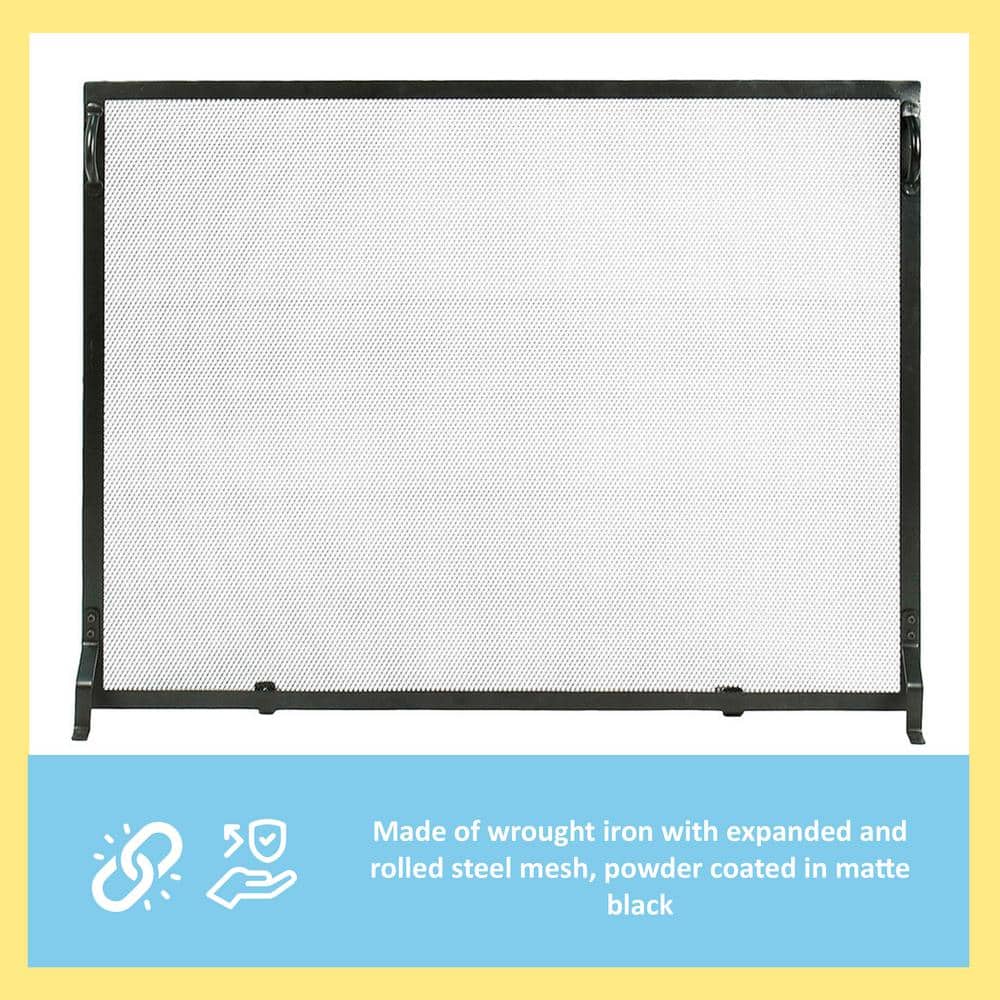 Matte Black Wrought Iron Flat Fireplace Screen with Mesh Panel