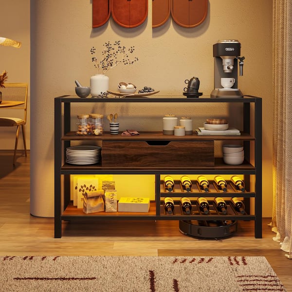 Bestier Walnut 44.02 in. Glass Top Bar Cabinet Sideboard Entry Console table with Wine Rack, LED Light Drawer and Shelf