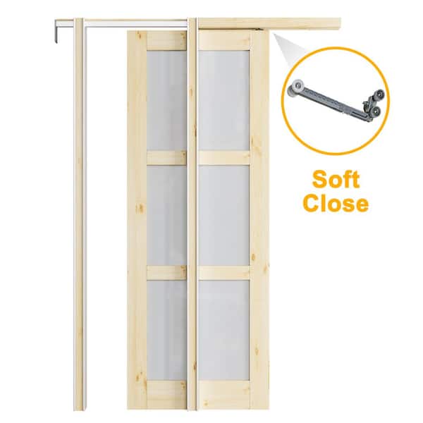 36 in. x 80 in. 3-Lite Frosted Glass Unfinished Solid Core Pine Wood Pocket Sliding Door with Hardware and Soft Close