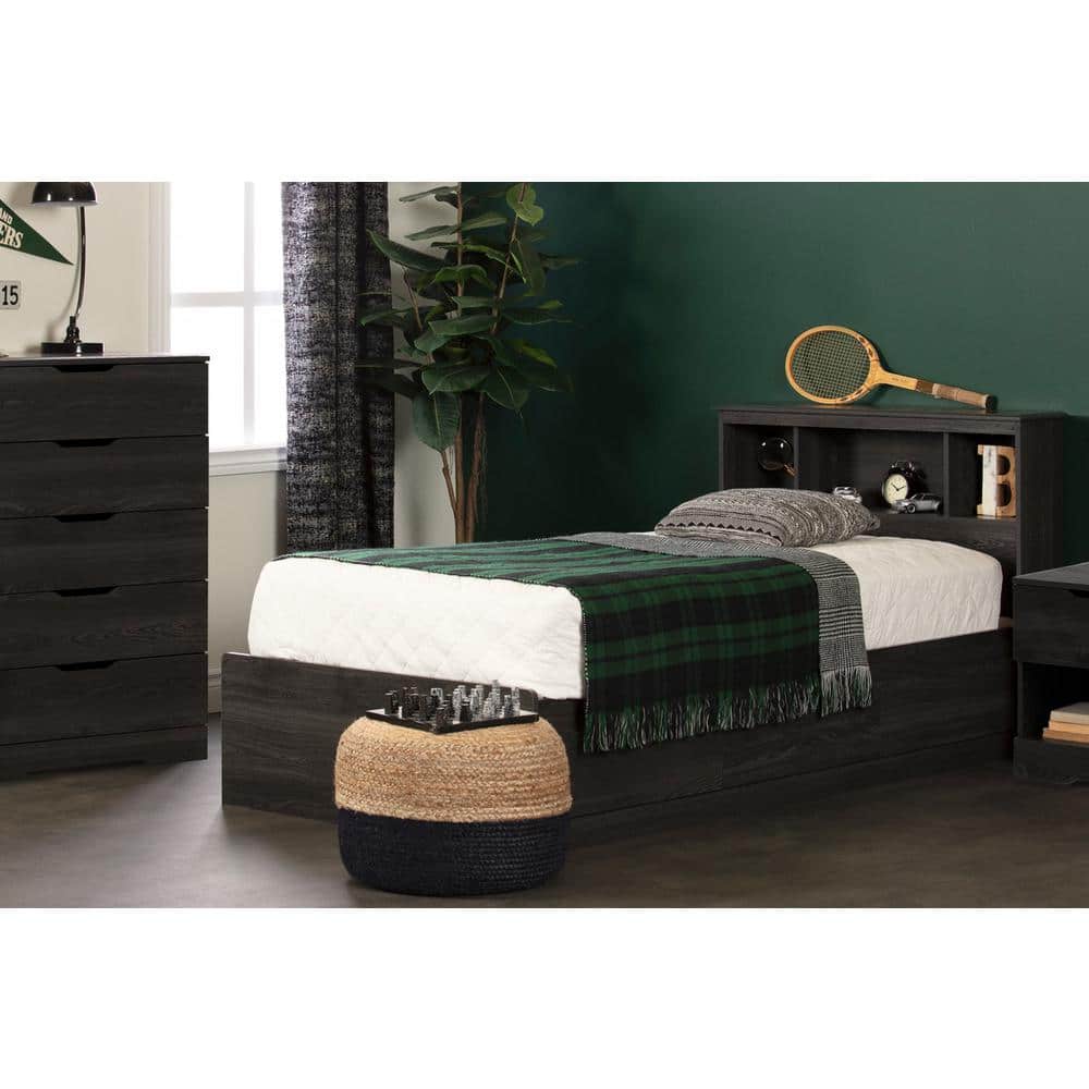Gray Oak Twin Bed with Upholstered Headboard and Storage Drawers