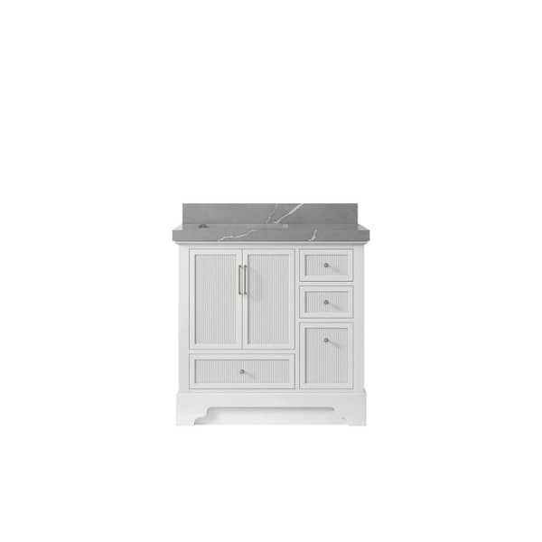 Willow Collections Alys 36 in. W. x 22 in. D x 36 in. H Left Offset Sink Bath Vanity in White with 2 in. Piatra Gray Qt. Top