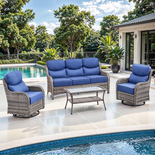 JHXL Gray 4-Piece Wicker Outdoor Patio Conversation Set with Denim Blue Cushions and Swivel Rocking Chairs