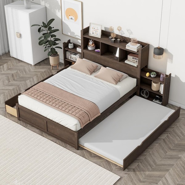 Harper & Bright Designs Espresso (Brown) Wood Frame Full Size Platform Bed with Storage Headboard, Pull-Out Shelves, Trundle, 2-Drawer USB Ports