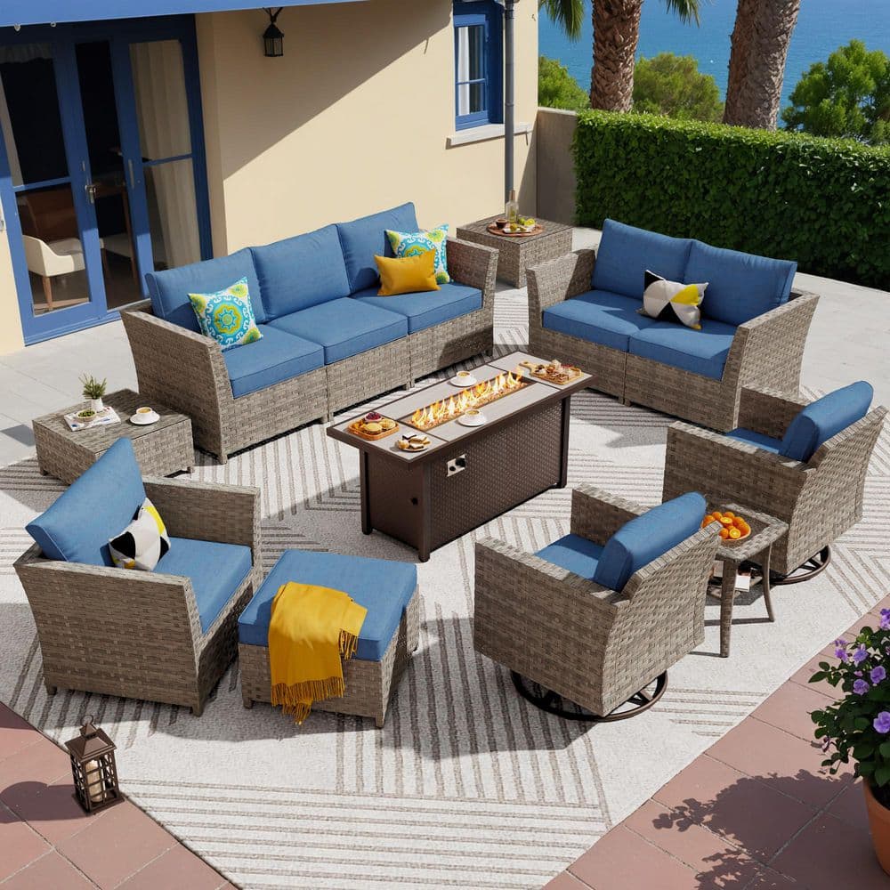 XIZZI Retro 13-Pieces Wicker Outdoor Patio Rectangular Fire Pit