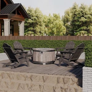 36 in. 5-Piece Metal Patio Fire Pit Set Fire Pit Table and Gray Adirondack Chairs with Cup Holder and Umbrella Holder