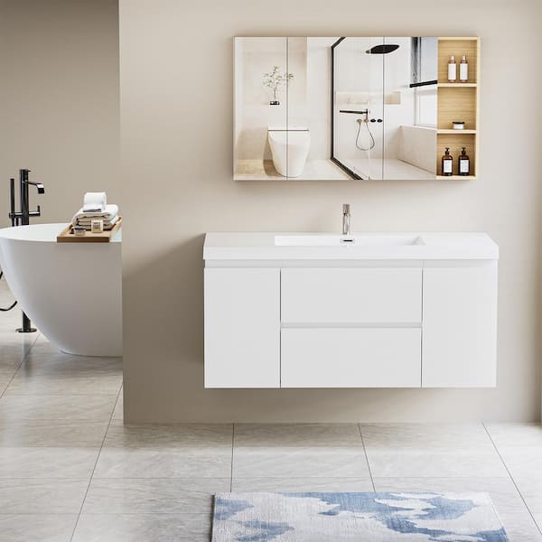 HBEZON Achilles 47 in. W x 20 in. D x 22.5 in. H Single Sink Floating Bath Vanity in Glossy White with White Resin Top