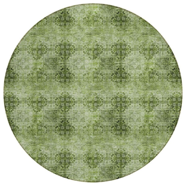 Olive Green 8 ft. x 8 ft. Woven Floral;Medallion Polyester Round Indoor / Outdoor Area Rug