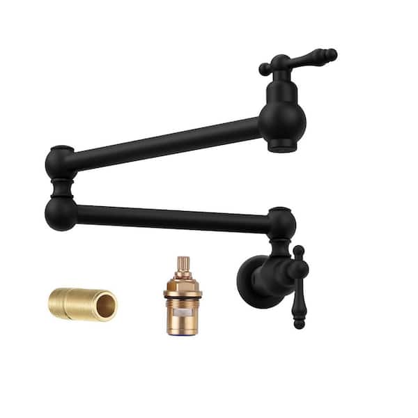 Brass Pot Filler Faucet, 23" Wall Mount Kitchen Folding 2 Handle with Double Joint Swing Arms Matte Black