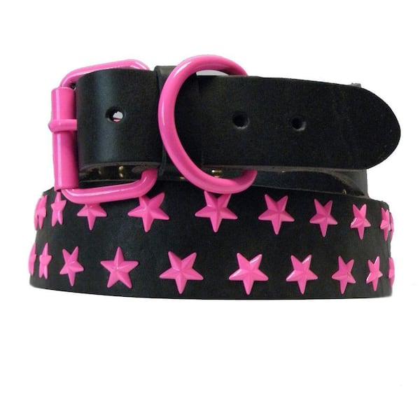Platinum Pets 29 in. Black Genuine Leather Dog Collar in Pink Stars