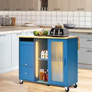 Navy Blue Rubberwood Drop Leaf 44 in. LED Light Kitchen Island Cart with 2 Fluted Glass Doors and 1 Flip Cabinet Door