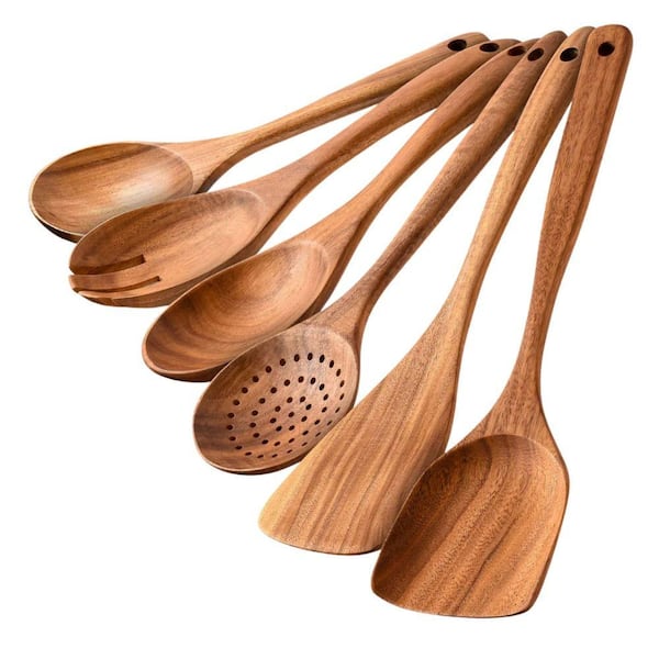 6-Piece Teak Wooden Cooking Utensil Set – Heat Resistant Wooden Spoons for Cooking – Nonstick Safe Kitchen Utensils