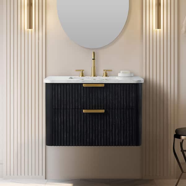 Warren 30 in W x 20 in D x 34 in H Floating Bath Vanity in Black Oak, Engineered Stone Top in Arabescato and White Sink