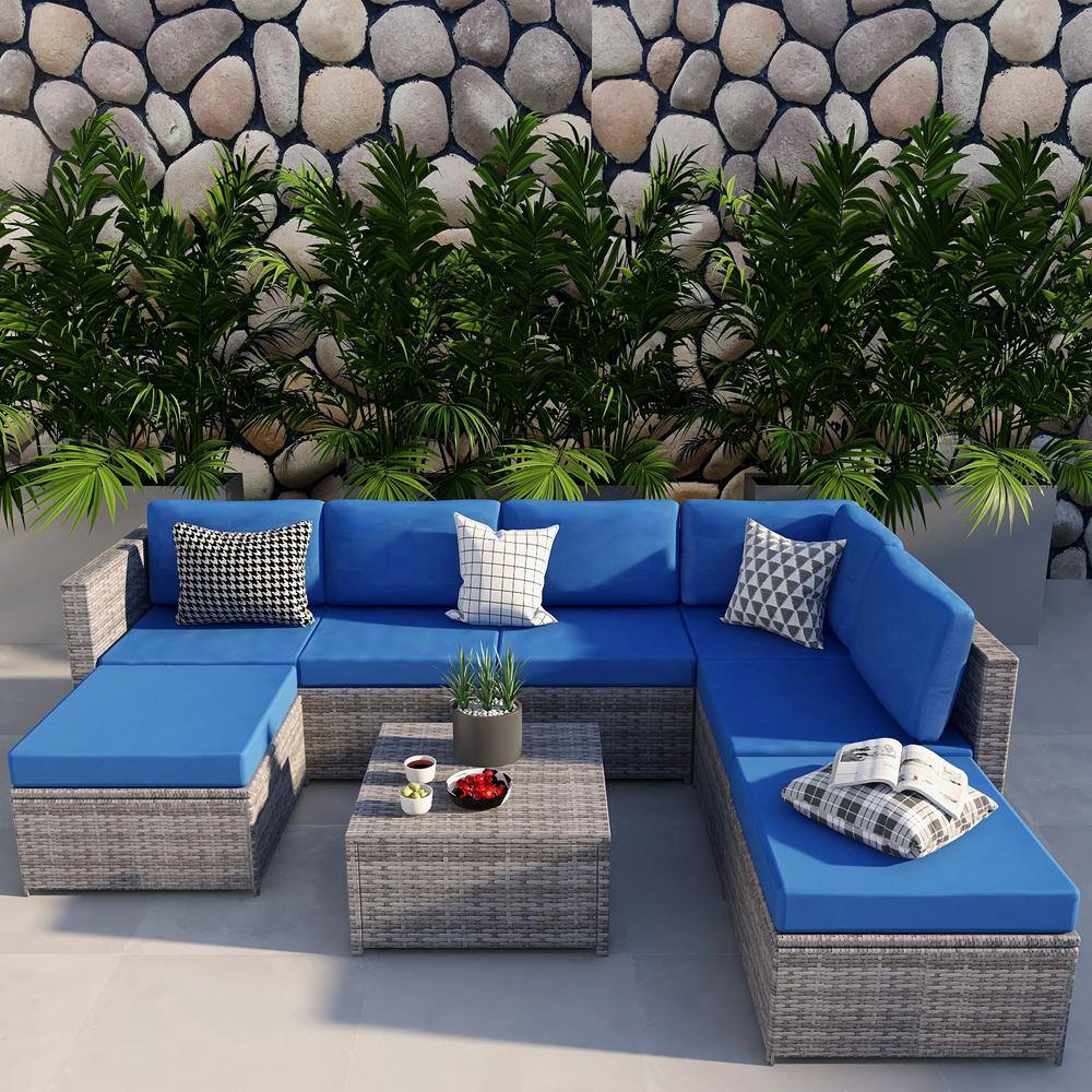 Uixe Gray 7-Seater Wicker Outdoor Rattan Sectional Sofa Set with Blue Cushions - 1