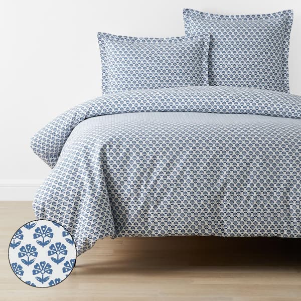 The Company Store Company Cotton Butti Flower Blue/White Twin Cotton Percale Duvet Cover
