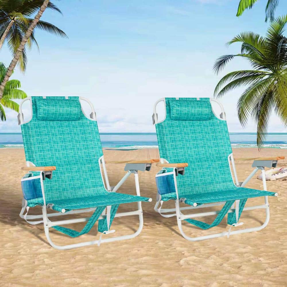 2-Piece Blue Metal Foldable Adjustable Beach Chair with Pillow and Storage 