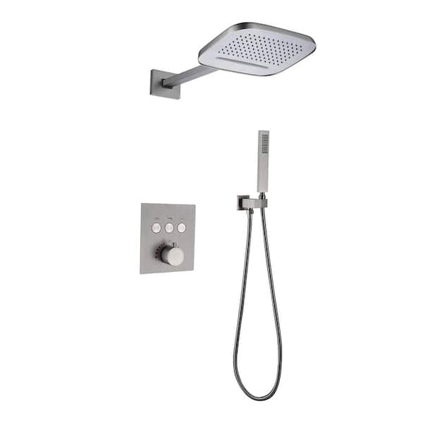 FLG Thermostatic Single Handle 2-Spray Shower Faucet 1.8 GPM with Anti Scald Rain Wall Mount Shower System in Brushed Nickel