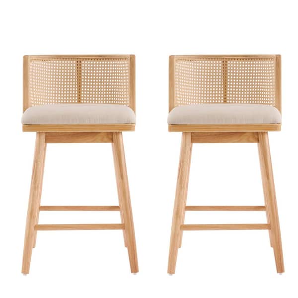 Rubber Wood Outdoor Bar Stools Natural Finish Frame with Beige Cushion (2-Pack)