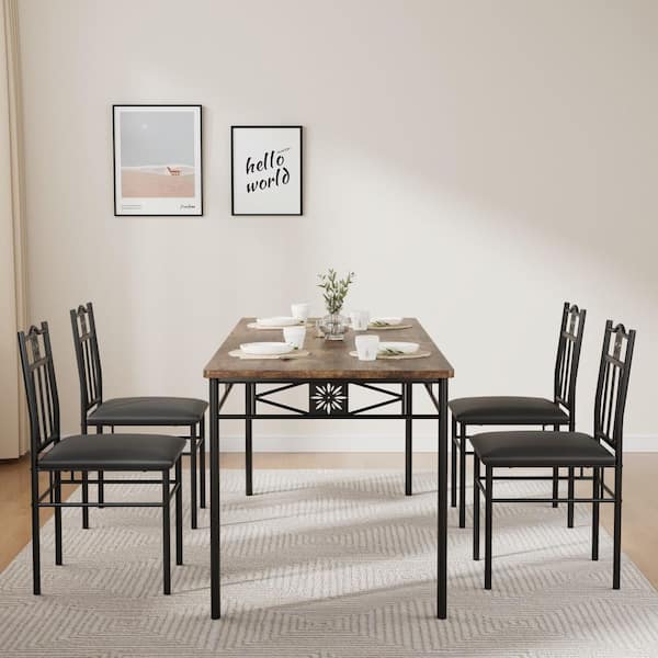 VECELO 5-Piece Dining Table Set Wooden Kitchen Table 1 Table 4