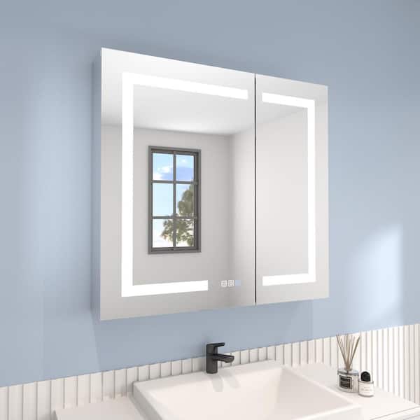 32 in. W x 30 in. H Rectangular Silver Aluminum Recessed/Surface Mount Dimmable Medicine Cabinet with Mirror