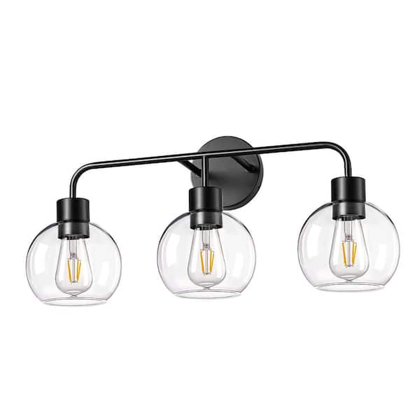 EDISHINE 24 in. 3-Light Matte Black Vanity Light with Ball-Shaped Clear Glass Shade