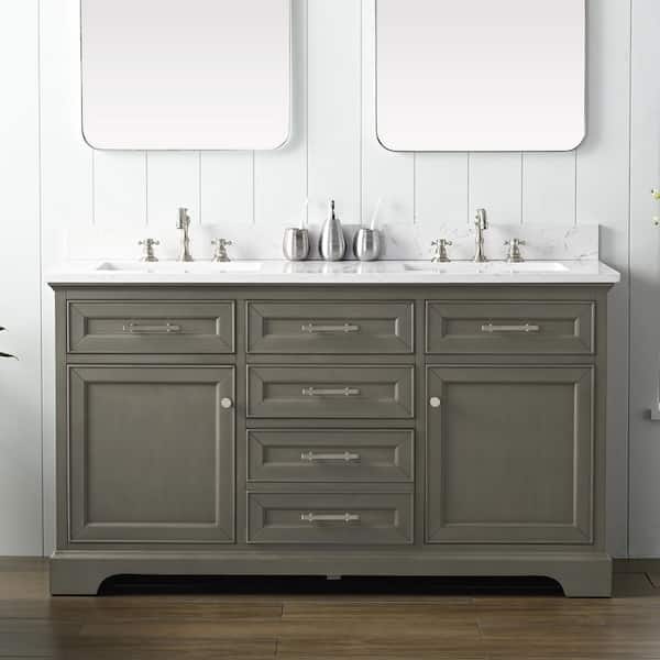 SUDIO Thompson 60 in. W x 22 in. D Bath Vanity in Silver Gray with Engineered Stone Vanity in Carrara White with White Sinks