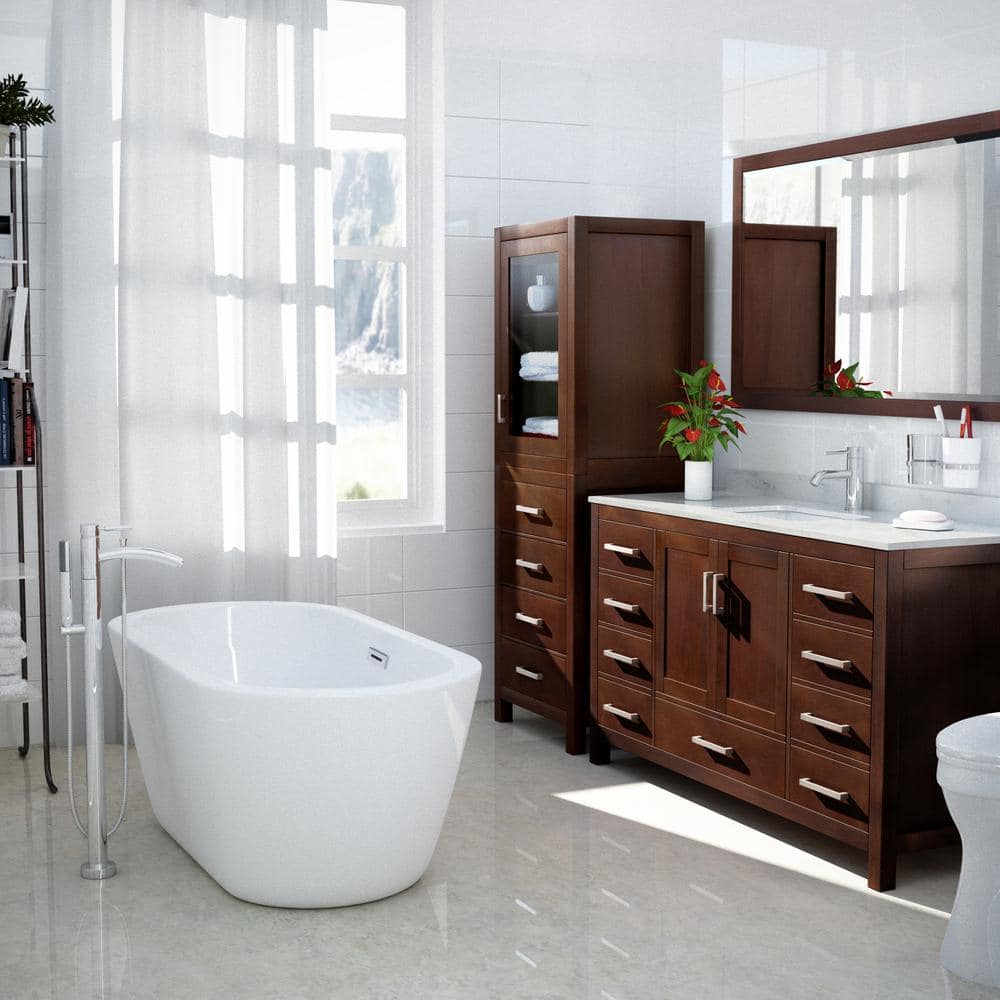 Espresso Solid Wood Freestanding Linen Cabinet with Glass Door