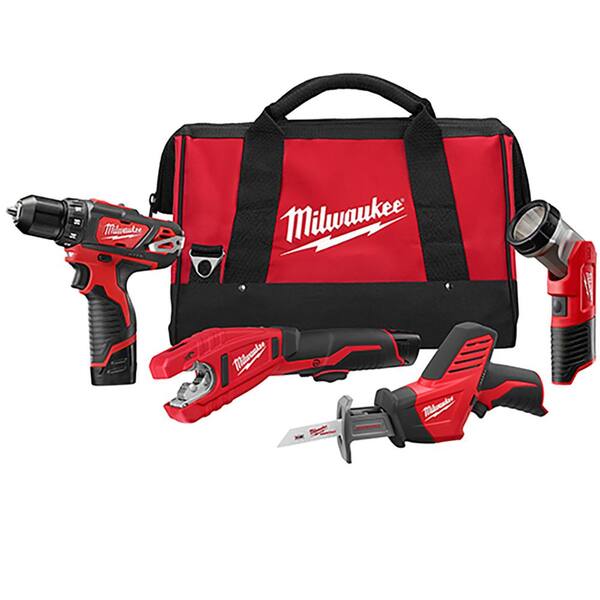 Milwaukee - M12 12V Lithium-Ion Cordless Combo Tool Kit (4-Tool) with (2) 1.5 Ah Batteries, (1) Charger, (1) Tool Bag