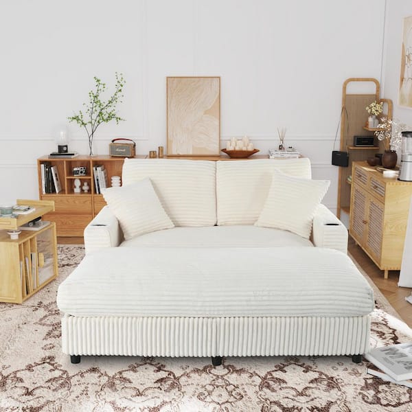 Keene White Polyester Upholstered Large Squre Arm Chaise Lounge with Cup Holders, Throw Pillows