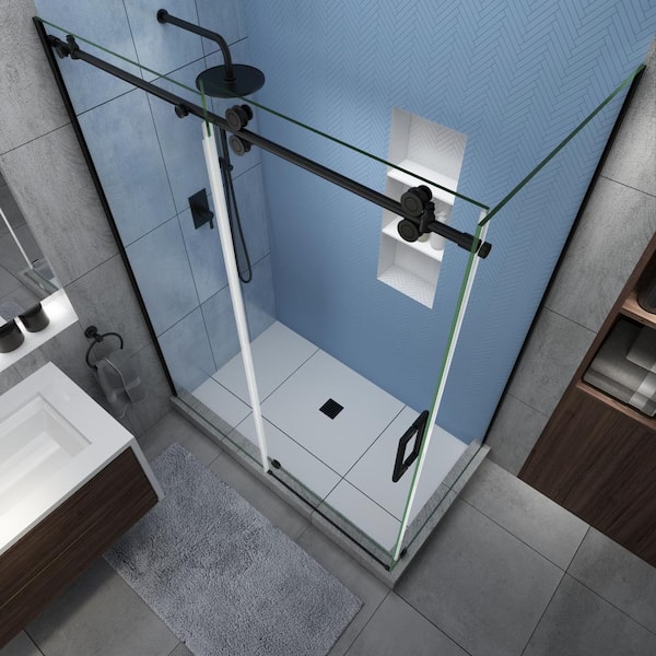 Aston Kamaya XL 44 in.-48 in. W x 80 in. H Frameless Sliding Shower Door, Matte Black with StarCast Clear Glass, Left Hand